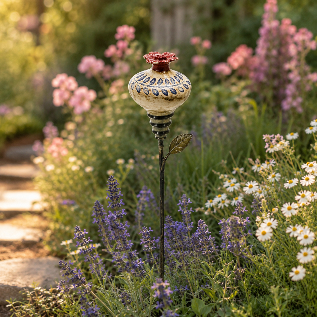 ๐บ Vintage Ceramic Hummingbird Feeder Garden Stake โ Handcrafted Floral Bird Feeder Decoration