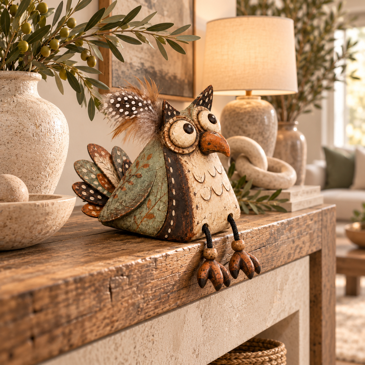 🦉🏡 Rustic Owl Shelf Sitter — Whimsical Farmhouse Figurine with Dangling Legs