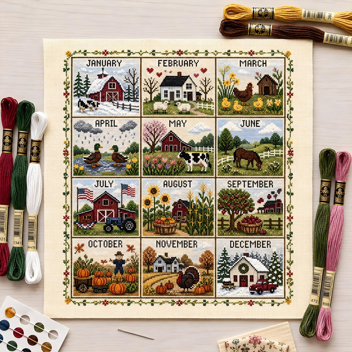🌾🧵 12-Month Seasons & Holidays Cross Stitch Kit — pre‑printed fabric, so you can stitch without the counting