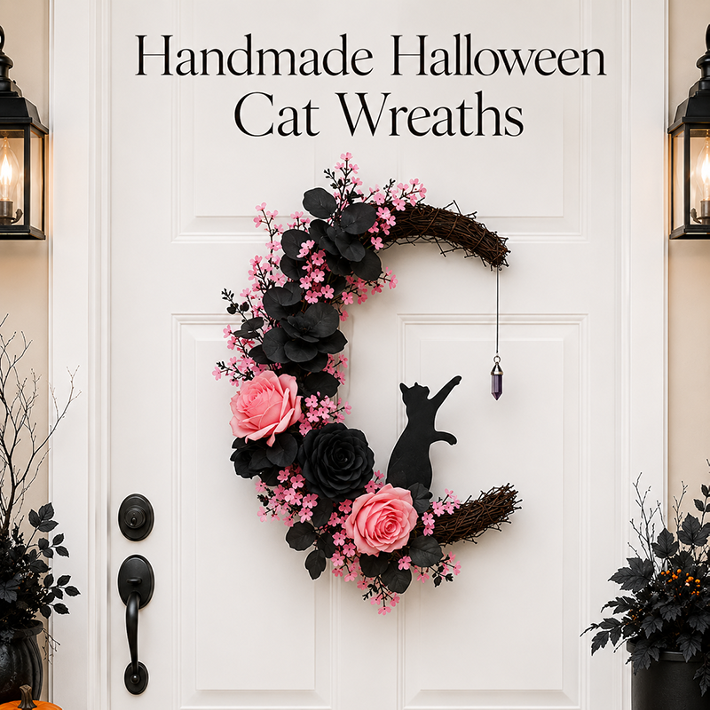 ๐โฌ Black Cat Halloween Wreath: Handcrafted Gothic Door & Autumn Decor! ๐