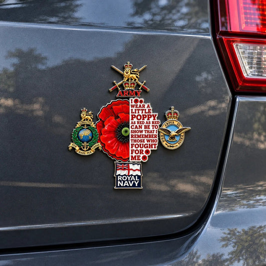 🌺🎖️ British Armed Forces “Lest We Forget” Remembrance Poppy Car Emblem — a lasting tribute on the road