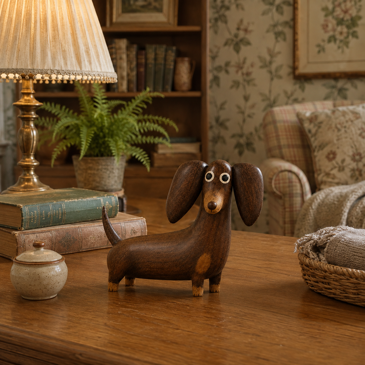 🐾🪵 Wood‑Look Dachshund Sculpture — warm walnut tones