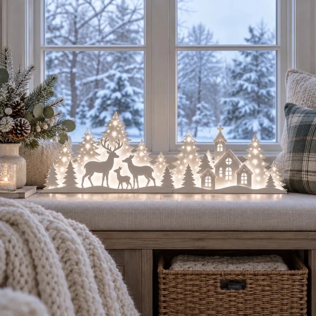 ๐ฆ Illuminated Christmas decorations for the window โ reindeer & village | 2-piece LED set โจ