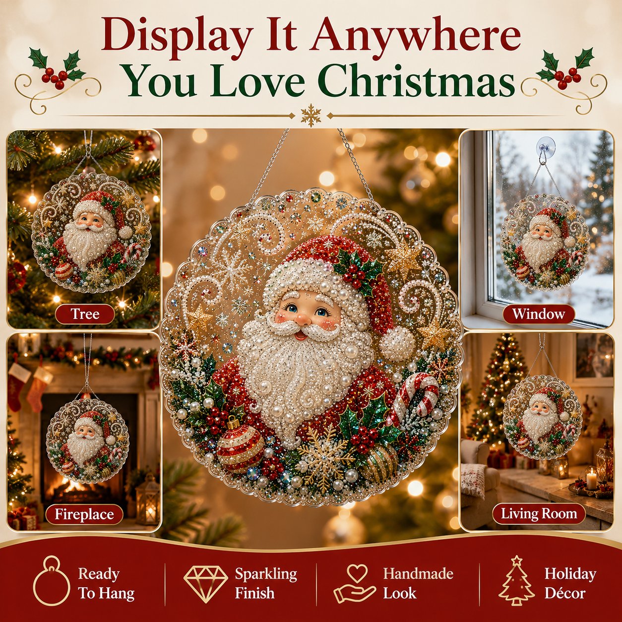 🎄 Christmas Pearl Diamond Art Acrylic Hanging Plaque Kit | Scratch-Resistant Non-Fading Board with Pearl Beads | DIY Handmade Holiday Decor 🎅💎