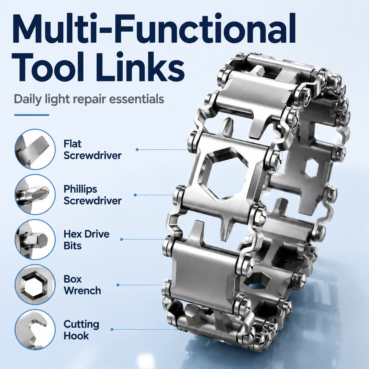 🛠️ Stainless Steel Modular Multitool Bracelet – Wearable EDC Utility Wristband