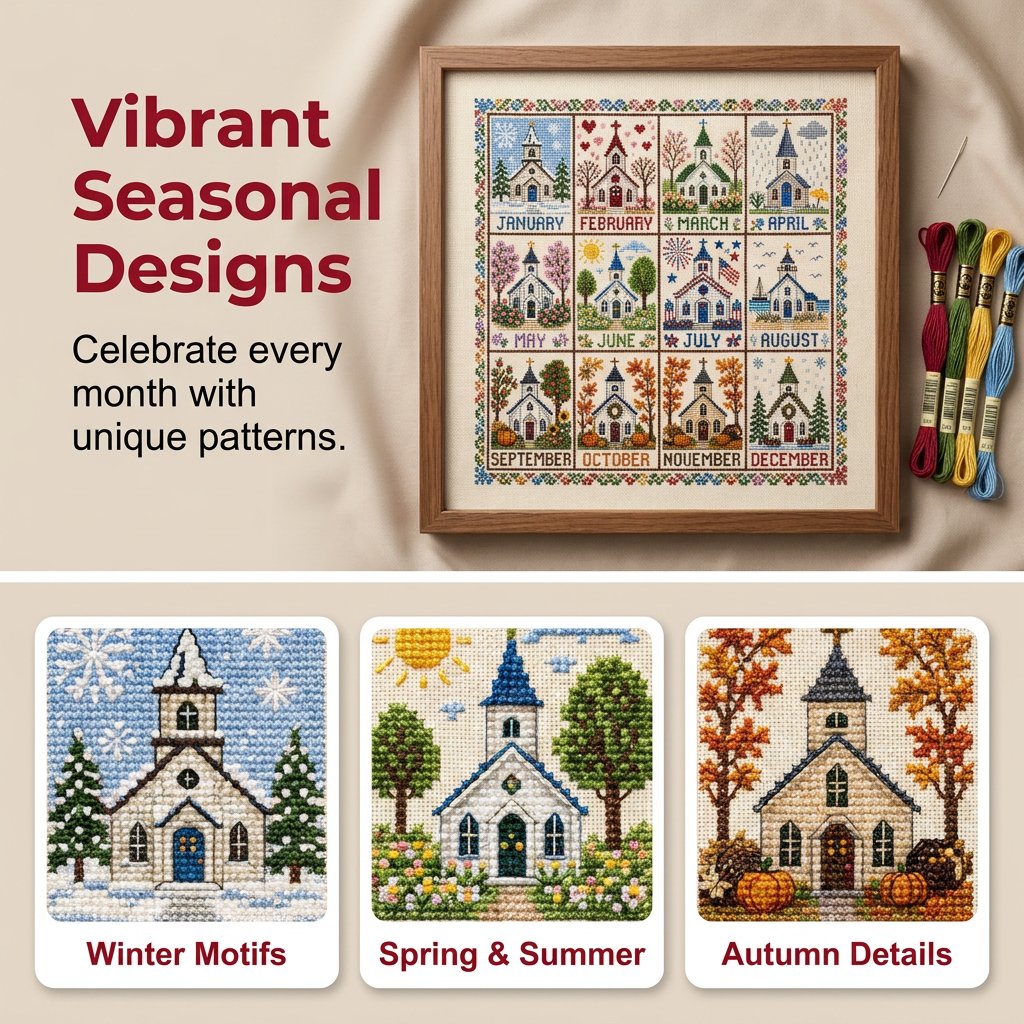 🌾🧵 12-Month Seasons & Holidays Cross Stitch Kit — pre‑printed fabric, so you can stitch without the counting