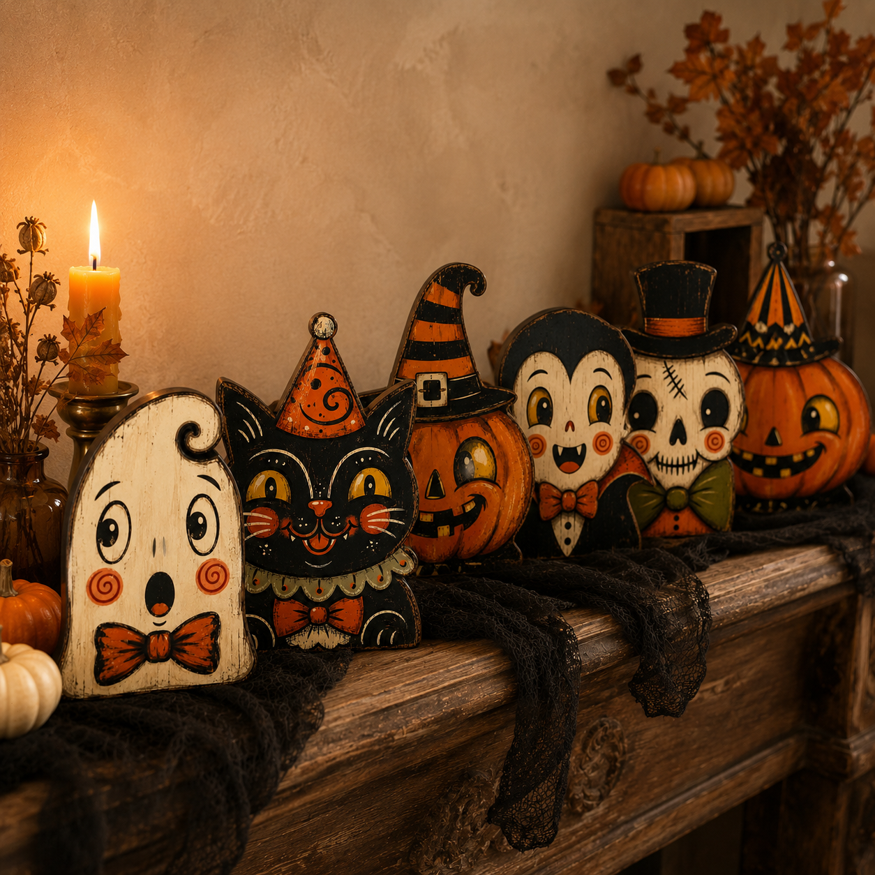 🎃 Vintage Wooden Halloween Figurines — Add Retro Nostalgic Charm to Your Tabletop! 🍂