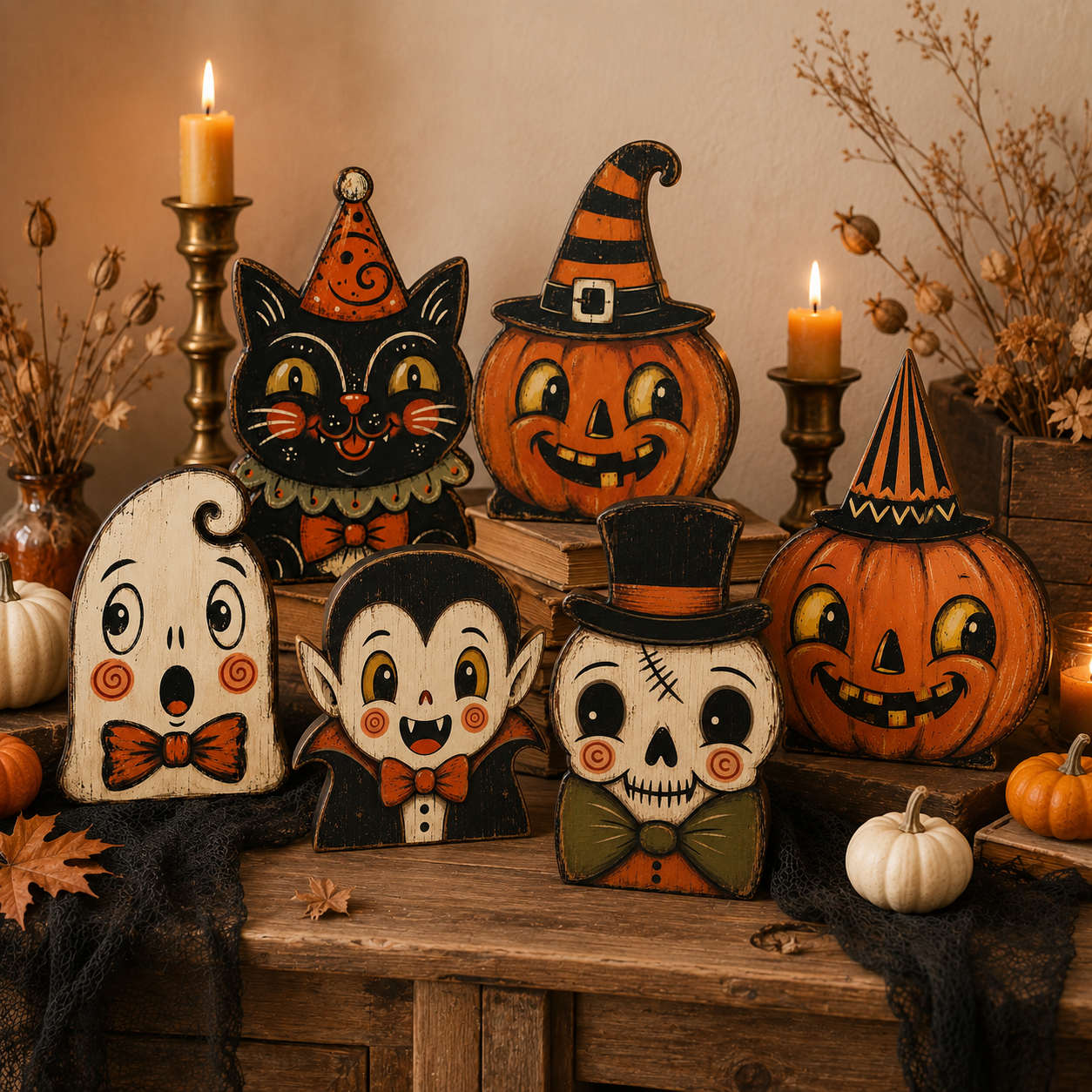 🎃 Vintage Wooden Halloween Figurines — Add Retro Nostalgic Charm to Your Tabletop! 🍂