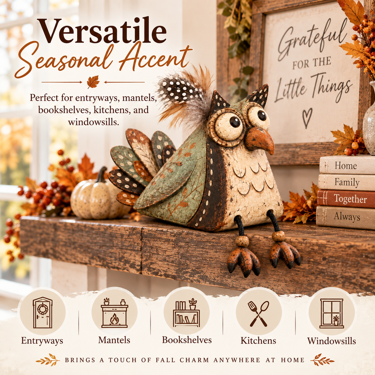 🦉🏡 Rustic Owl Shelf Sitter — Whimsical Farmhouse Figurine with Dangling Legs