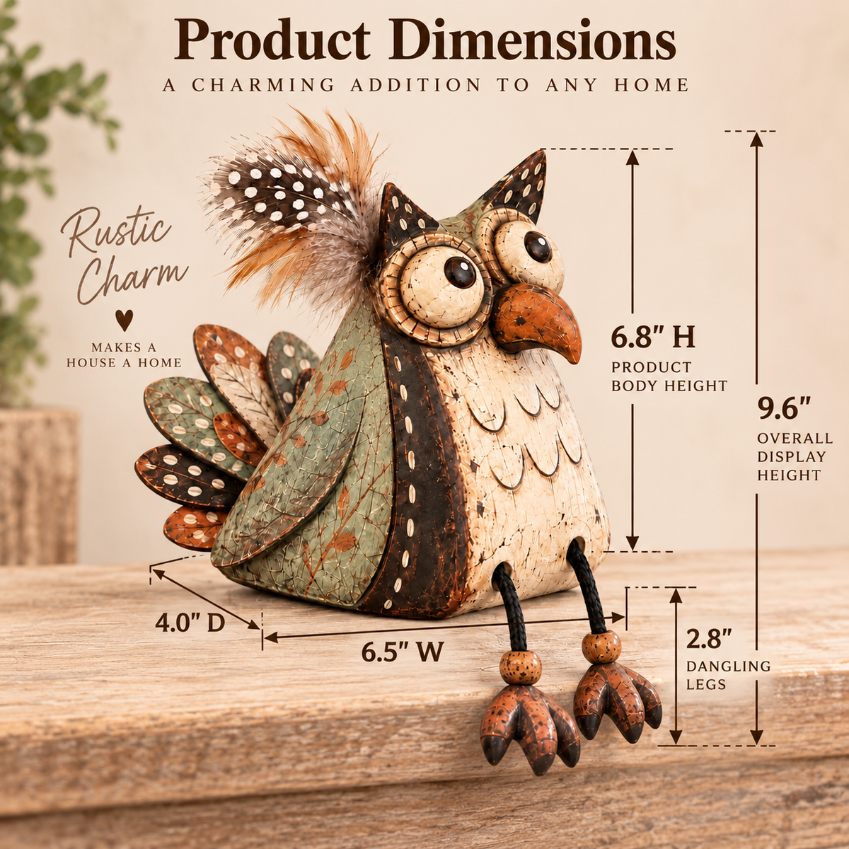 🦉🏡 Rustic Owl Shelf Sitter — Whimsical Farmhouse Figurine with Dangling Legs