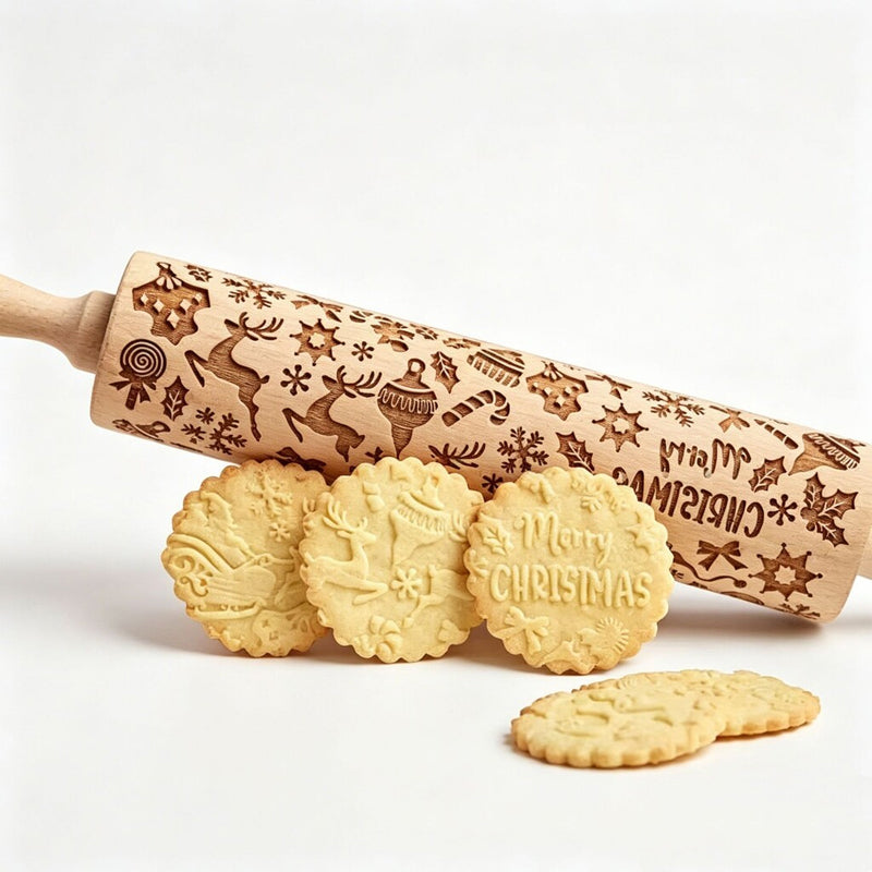 🎄🎨 Christmas Reindeer & Gingerbread Embossed Rolling Pin — roll once, and your biscuits come out patterned and festive