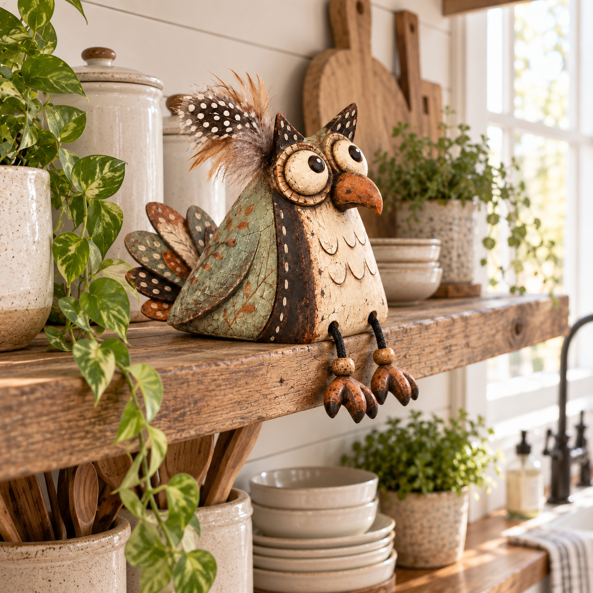 🦉🏡 Rustic Owl Shelf Sitter — Whimsical Farmhouse Figurine with Dangling Legs