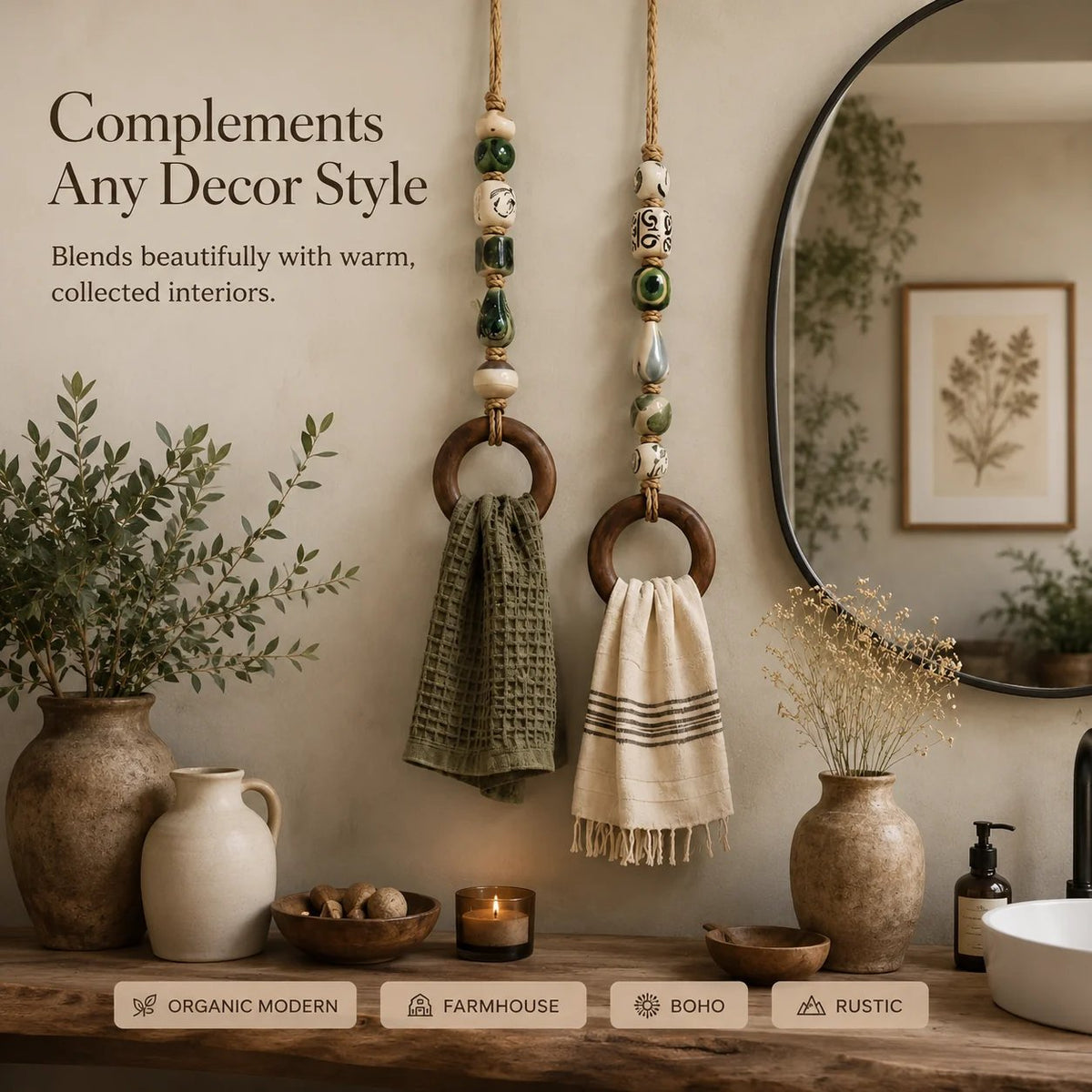 🧺🌿Decorative Beaded Towel Hanger with Wooden Ring