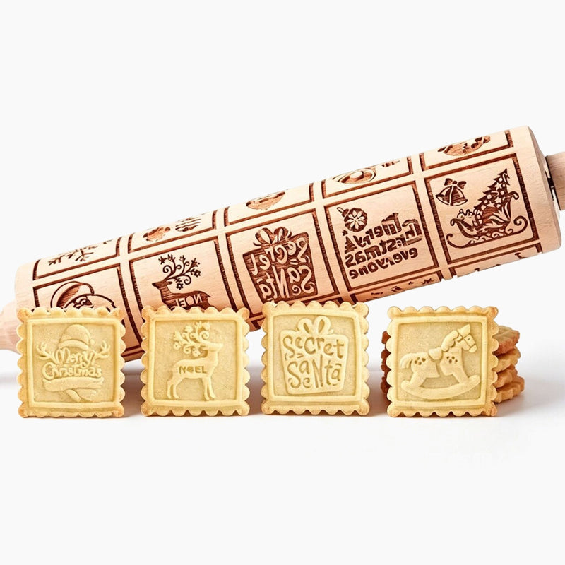 🎄🎨 Christmas Reindeer & Gingerbread Embossed Rolling Pin — roll once, and your biscuits come out patterned and festive