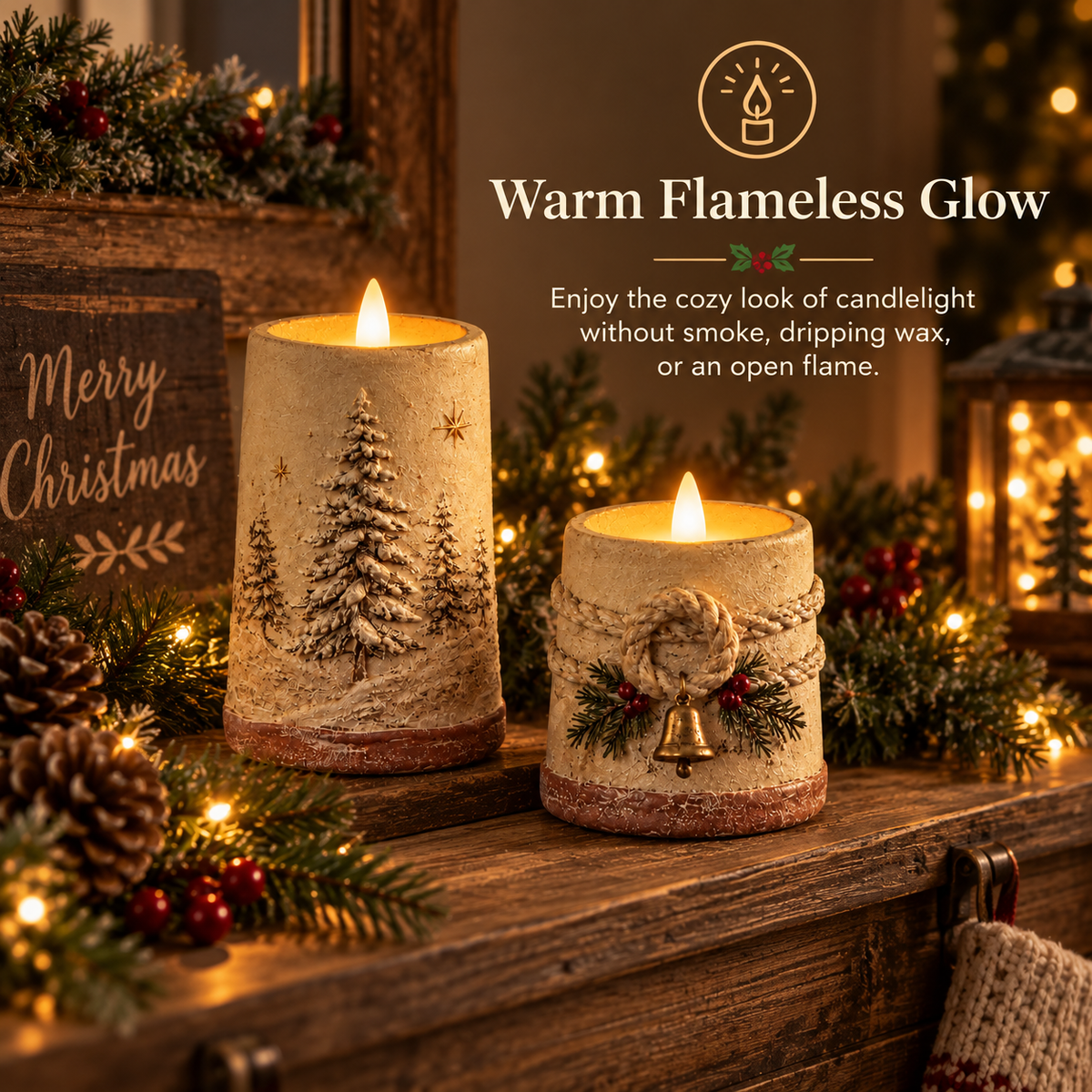 🕯️🎄 Rustic LED Christmas Candles — Flameless Glow with Remote Control & 6-Hour Timer