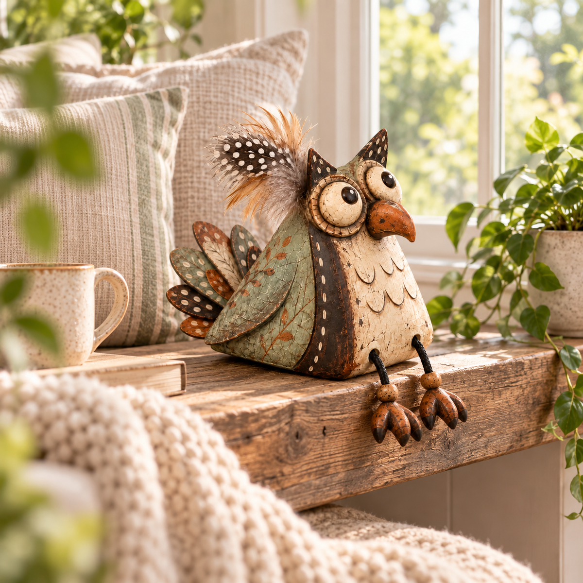 🦉🏡 Rustic Owl Shelf Sitter — Whimsical Farmhouse Figurine with Dangling Legs