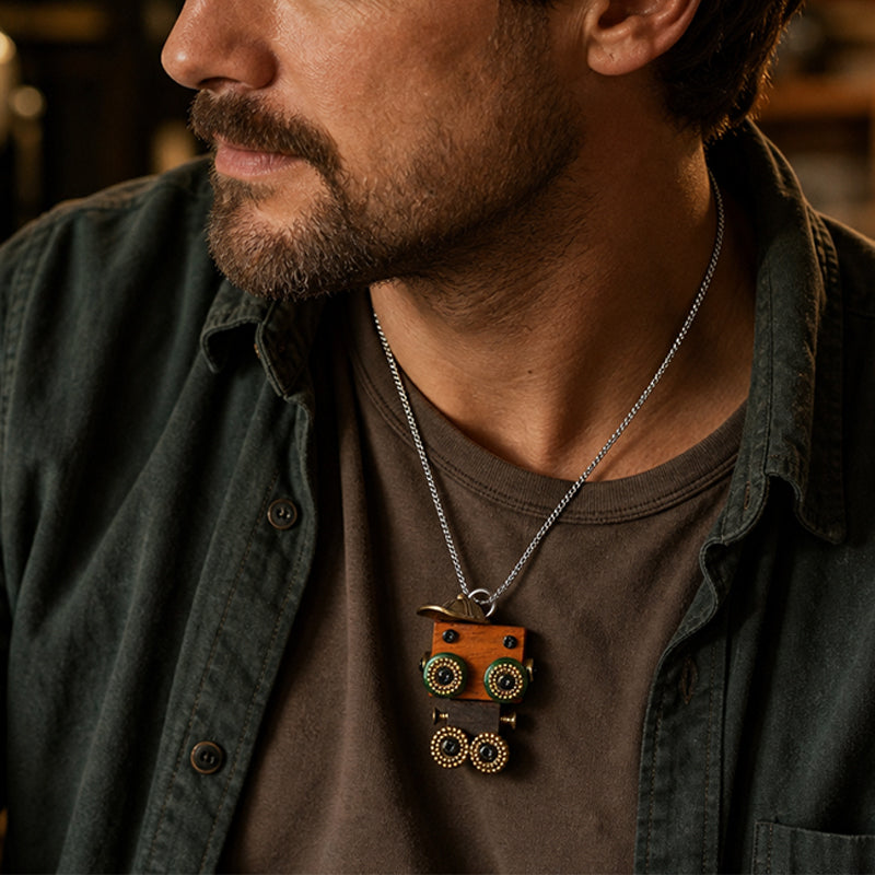 🤖 Handmade Original Cute Punk Robot Wooden Pendant