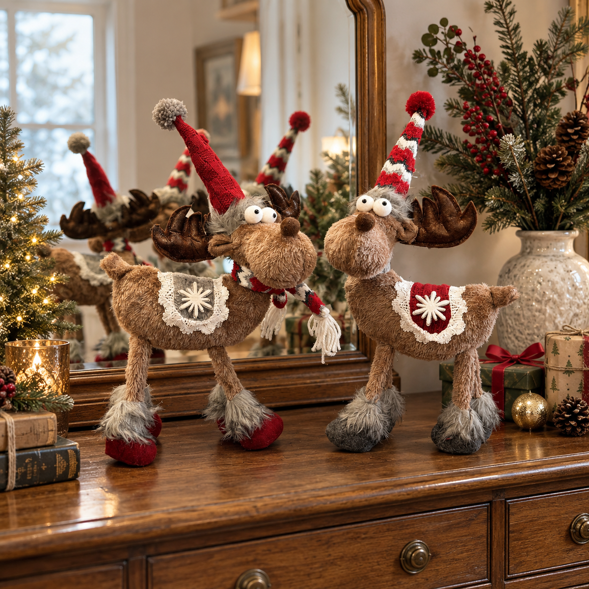 🦌🎄 Christmas Moose Figurines--a whimsical pair for cosy holiday décor