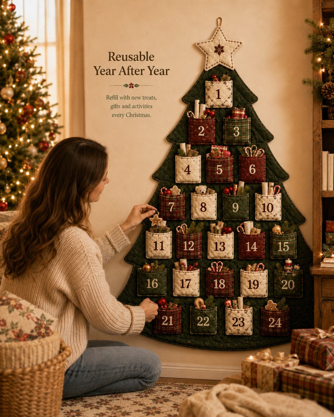 🧵🎄DIY 24-Pocket Fabric Christmas Advent Tree Kit— Craft Your Own Family Keepsake! ✨