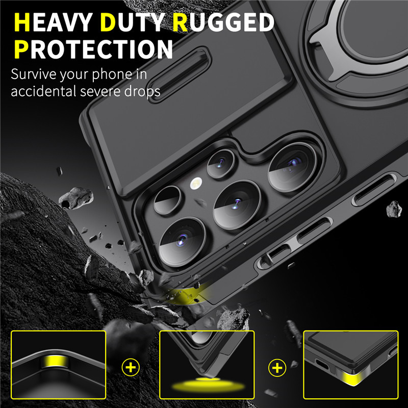 Galaxy S Series Shock-Resistant Case 🛡️ Sliding Camera Cover & 360° Ring Stand 🧲 Magnetic Moun