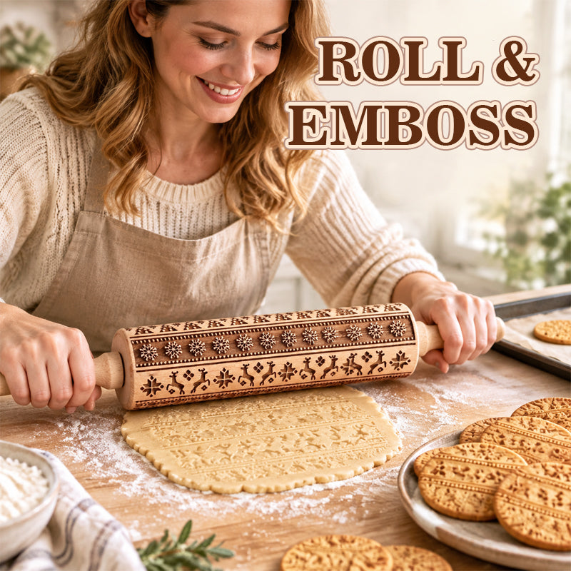 🎄🎨 Christmas Reindeer & Gingerbread Embossed Rolling Pin — roll once, and your biscuits come out patterned and festive