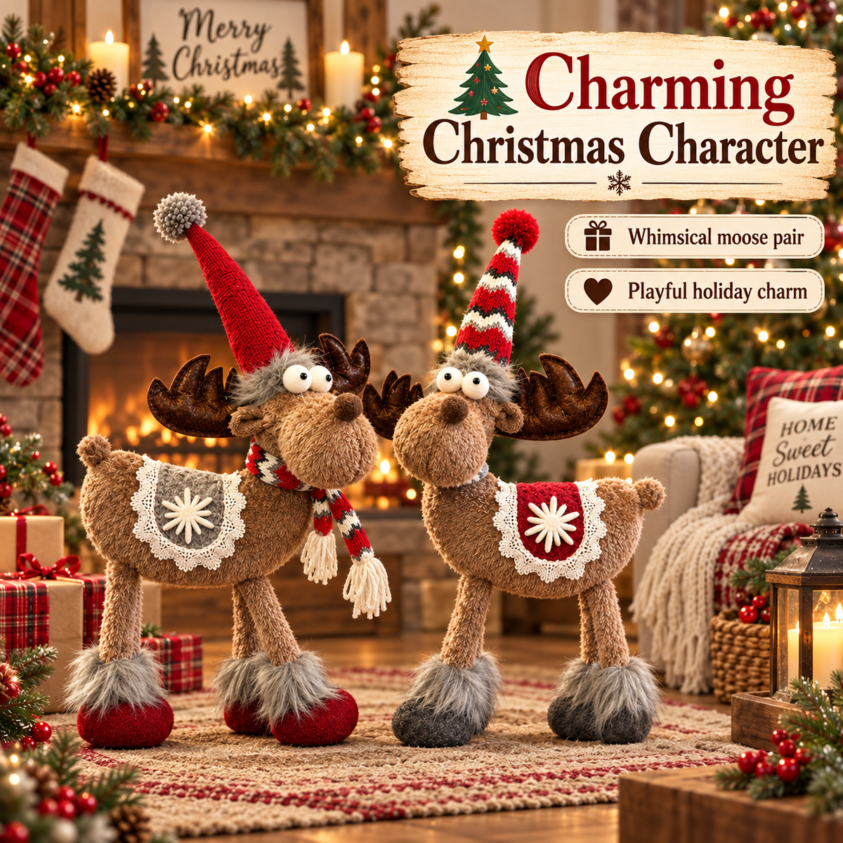 🦌🎄 Christmas Moose Figurines--a whimsical pair for cosy holiday décor