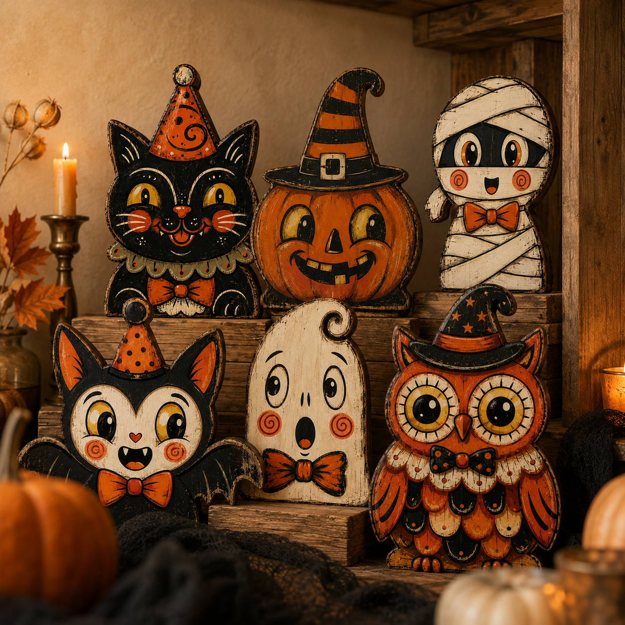 🎃 Vintage Wooden Halloween Figurines — Add Retro Nostalgic Charm to Your Tabletop! 🍂