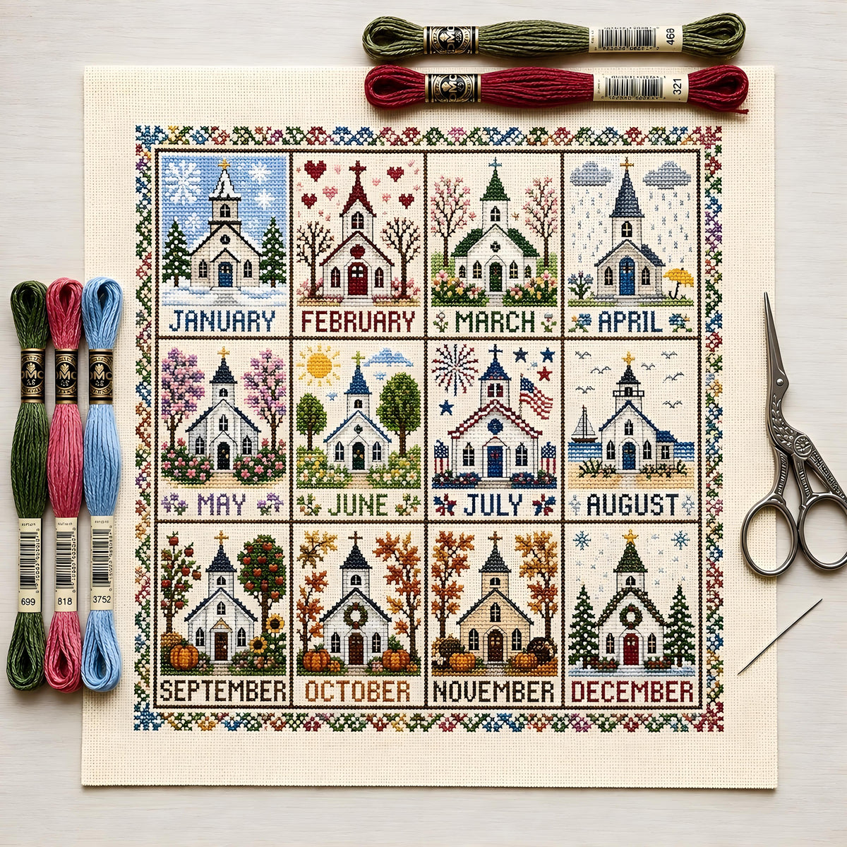 🌾🧵 12-Month Seasons & Holidays Cross Stitch Kit — pre‑printed fabric, so you can stitch without the counting