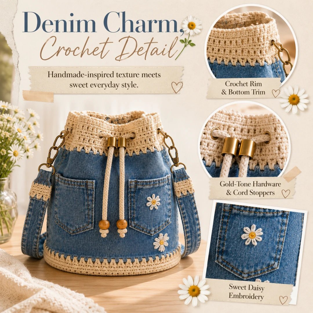 🏆 Promozione 40% DI SCONTO🧵 The Denim Crochet Daisy Bucket Bag👜