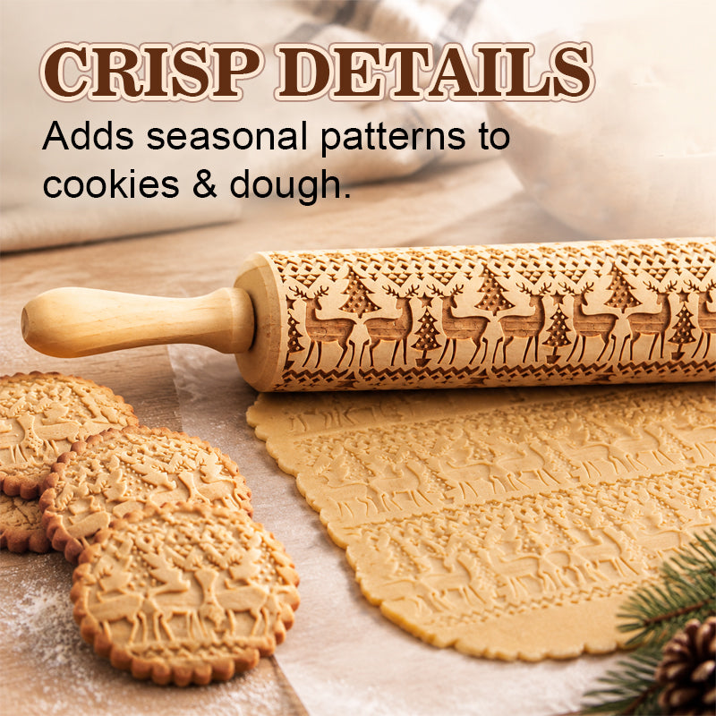 🎄🎨 Christmas Reindeer & Gingerbread Embossed Rolling Pin — roll once, and your biscuits come out patterned and festive