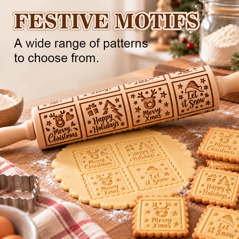 🎄🎨 Christmas Reindeer & Gingerbread Embossed Rolling Pin — roll once, and your biscuits come out patterned and festive