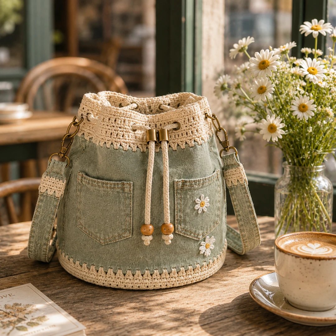 🏆 Promozione 40% DI SCONTO🧵 The Denim Crochet Daisy Bucket Bag👜
