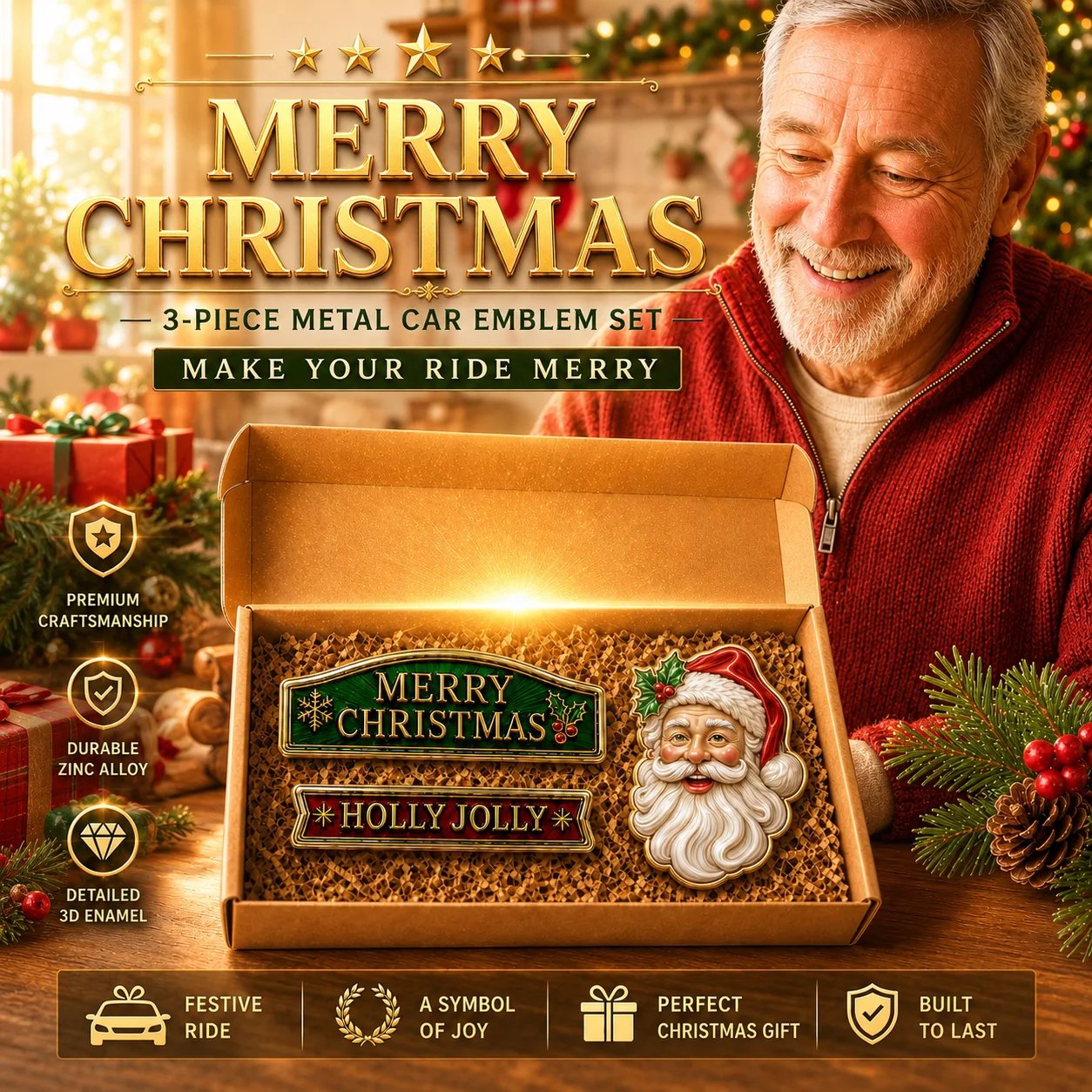 🔥 50K+ SOLD – 🎄Christmas Metal Car Emblem Set – Waterproof, 3D Alloy & Easy Stick! 🎅🚗✨