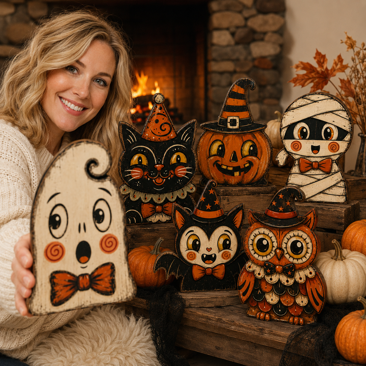 🎃 Vintage Wooden Halloween Figurines — Add Retro Nostalgic Charm to Your Tabletop! 🍂
