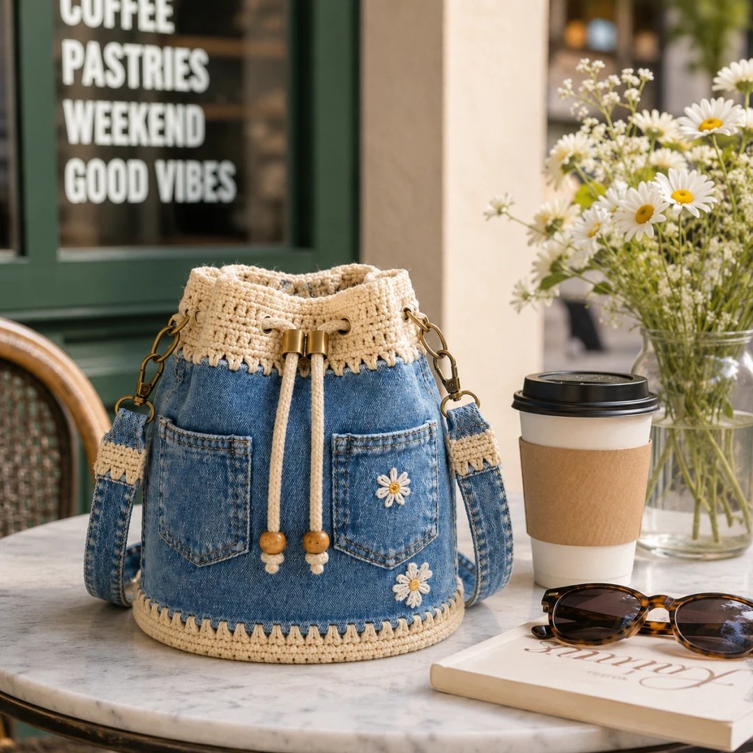 🏆 Promozione 40% DI SCONTO🧵 The Denim Crochet Daisy Bucket Bag👜