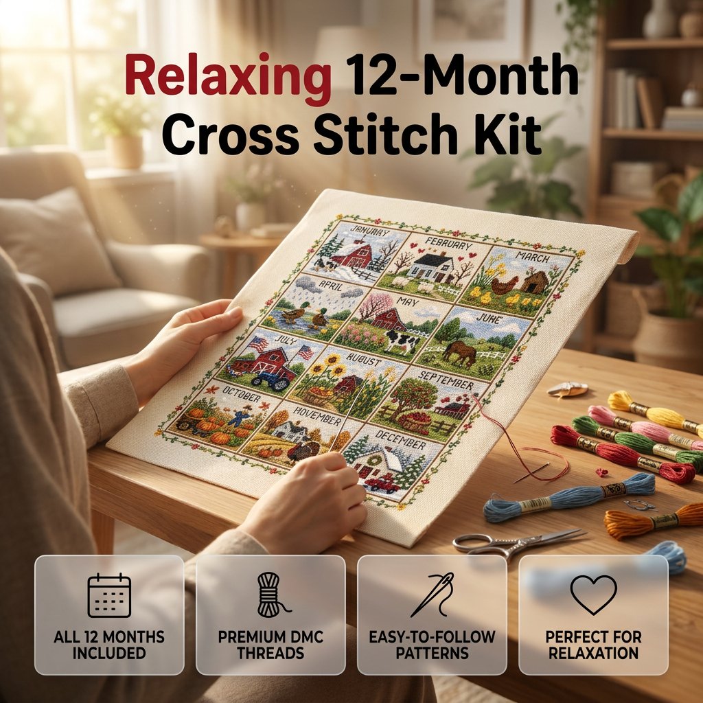 🌾🧵 12-Month Seasons & Holidays Cross Stitch Kit — pre‑printed fabric, so you can stitch without the counting