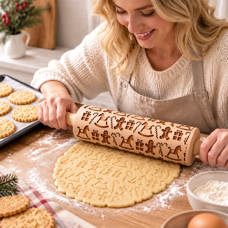🎄🎨 Christmas Reindeer & Gingerbread Embossed Rolling Pin — roll once, and your biscuits come out patterned and festive