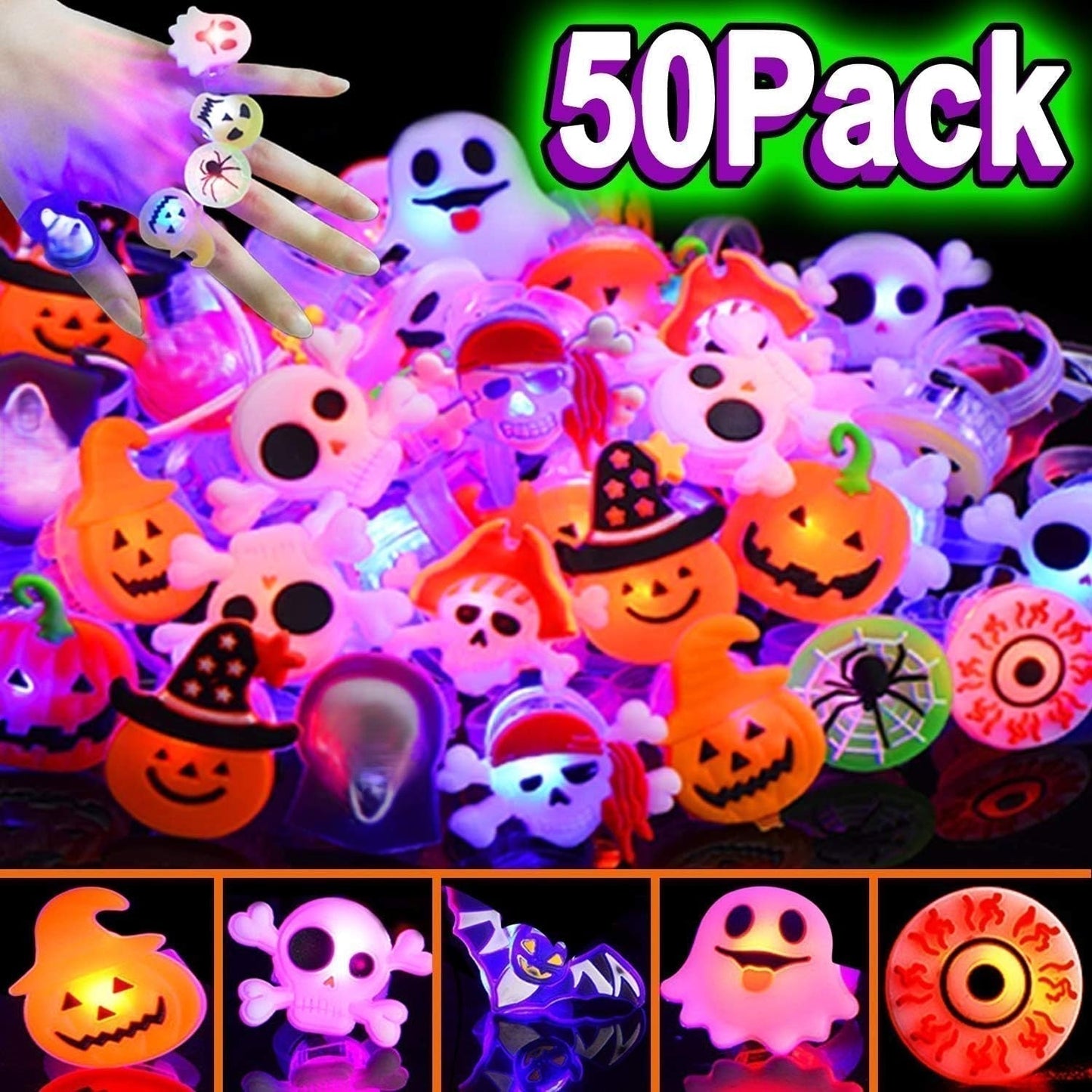 🎁50-Piece Halloween LED Light-Up Ring Set – The Ultimate Glowing Party Treat! 🎃✨
