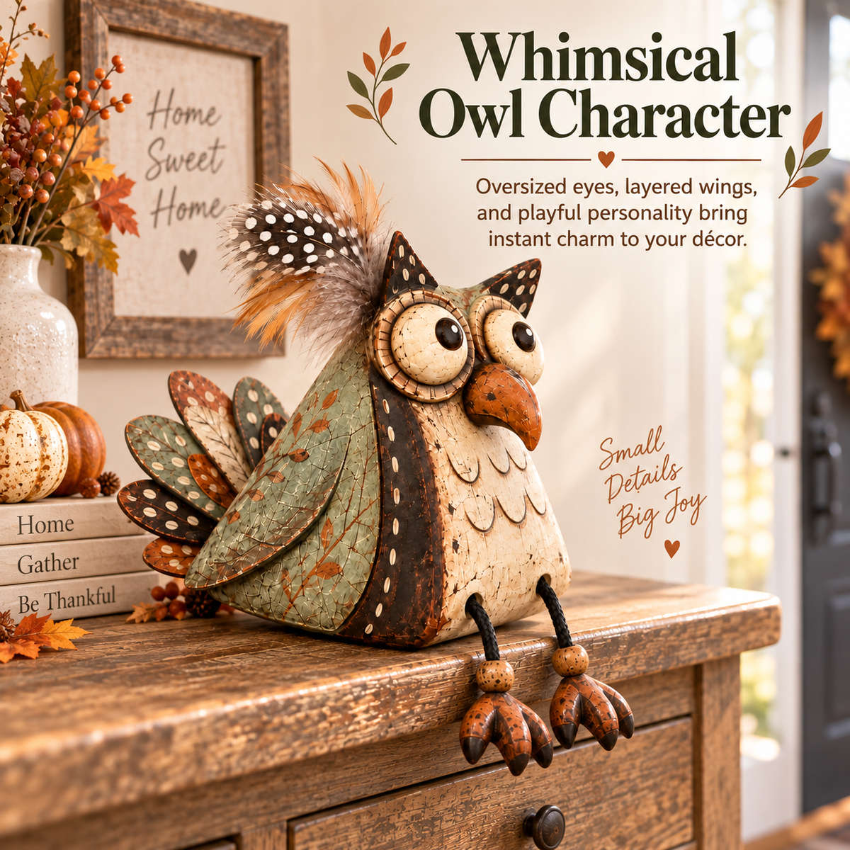 🦉🏡 Rustic Owl Shelf Sitter — Whimsical Farmhouse Figurine with Dangling Legs