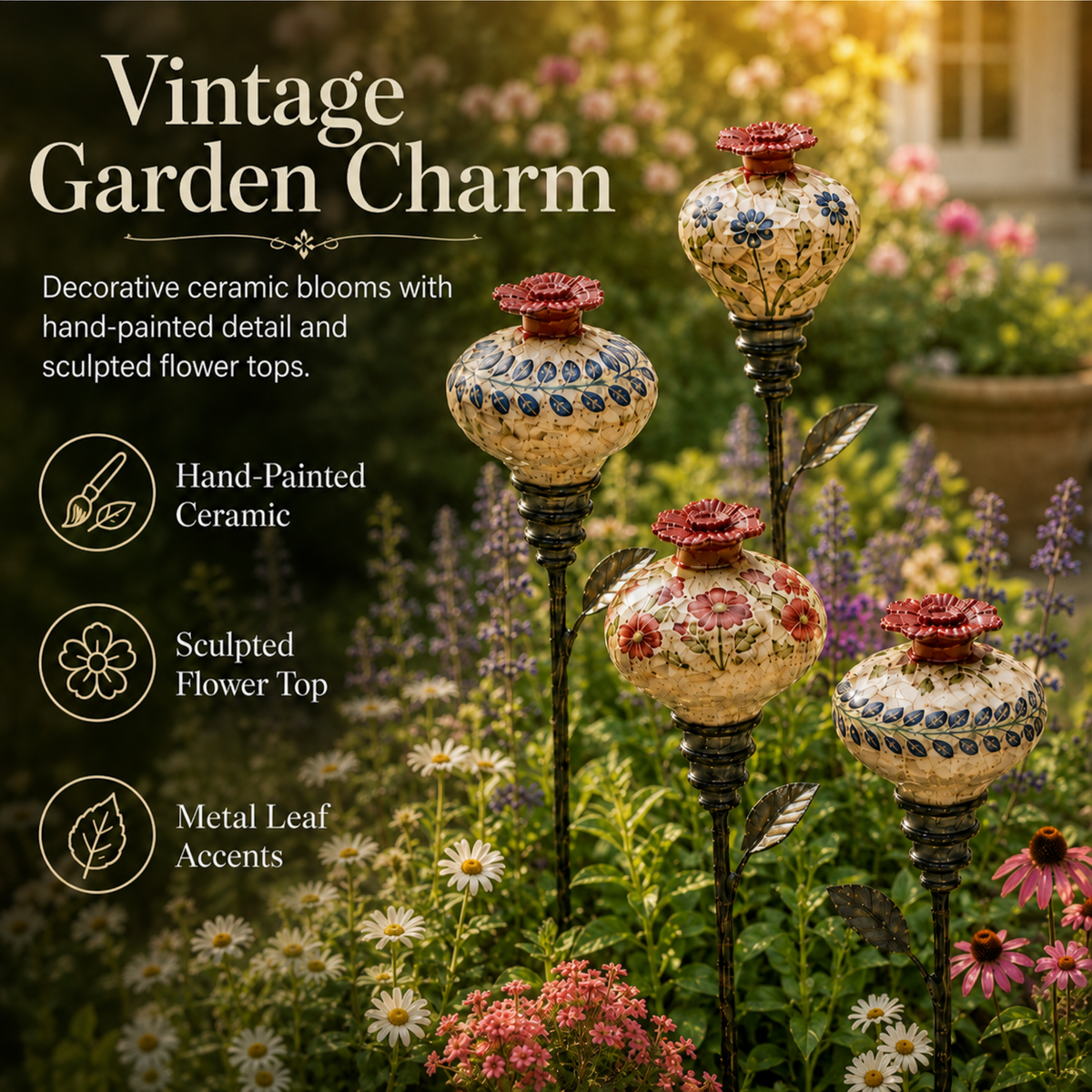 🌺 Vintage Ceramic Hummingbird Feeder Garden Stake — Handcrafted Floral Bird Feeder Decoration