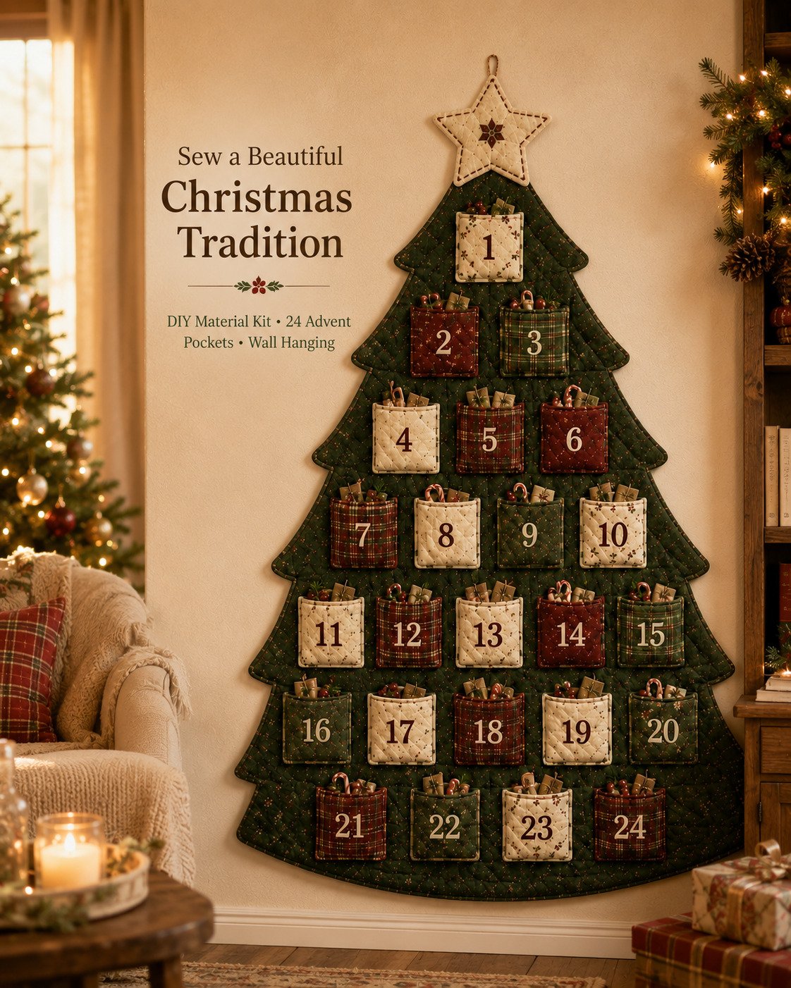 🧵🎄DIY 24-Pocket Fabric Christmas Advent Tree Kit— Craft Your Own Family Keepsake! ✨