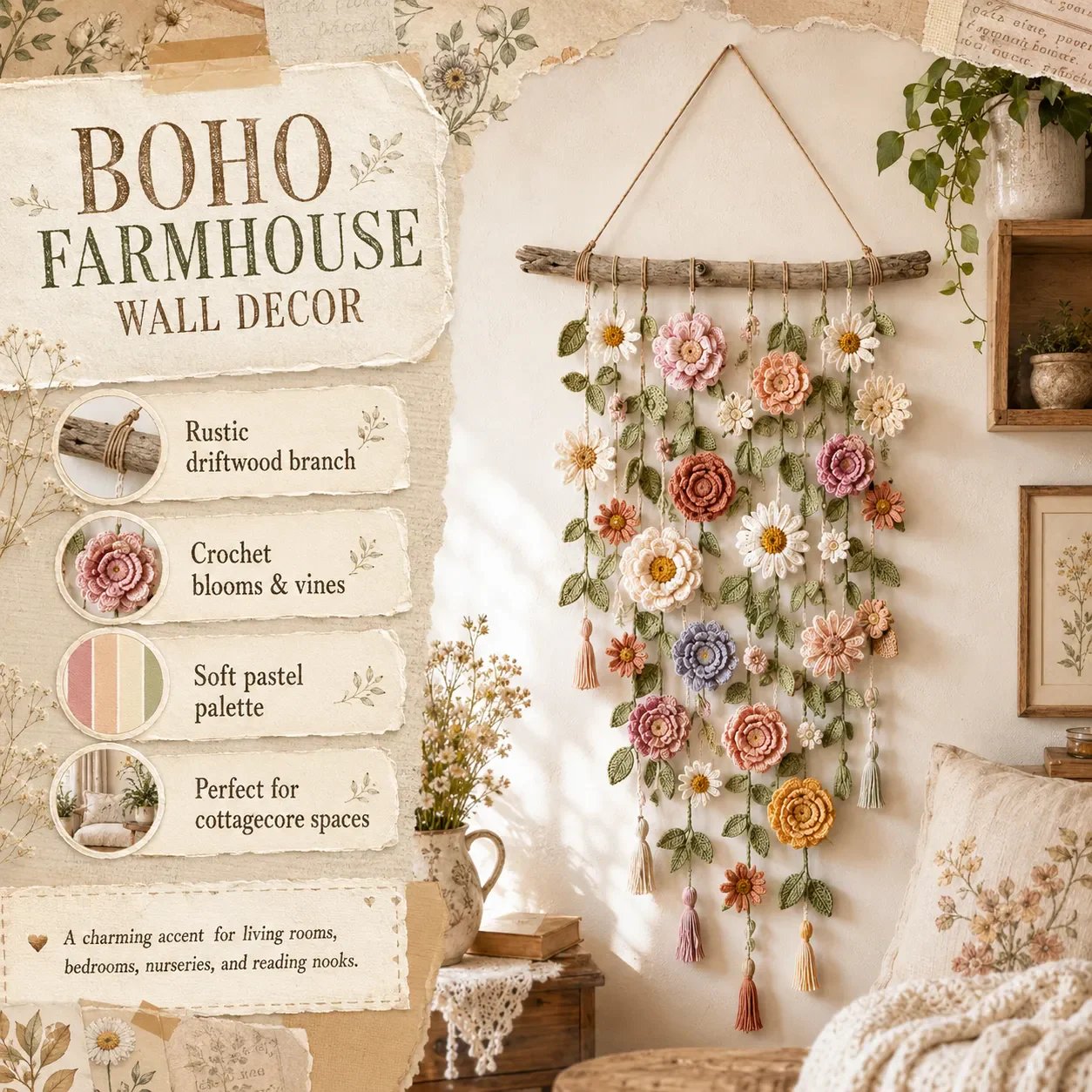 🌸Boho Crochet Flower Wall Hanging Decor✨