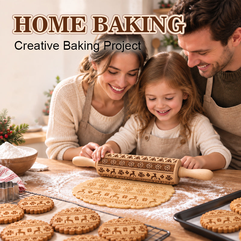 🎄🎨 Christmas Reindeer & Gingerbread Embossed Rolling Pin — roll once, and your biscuits come out patterned and festive
