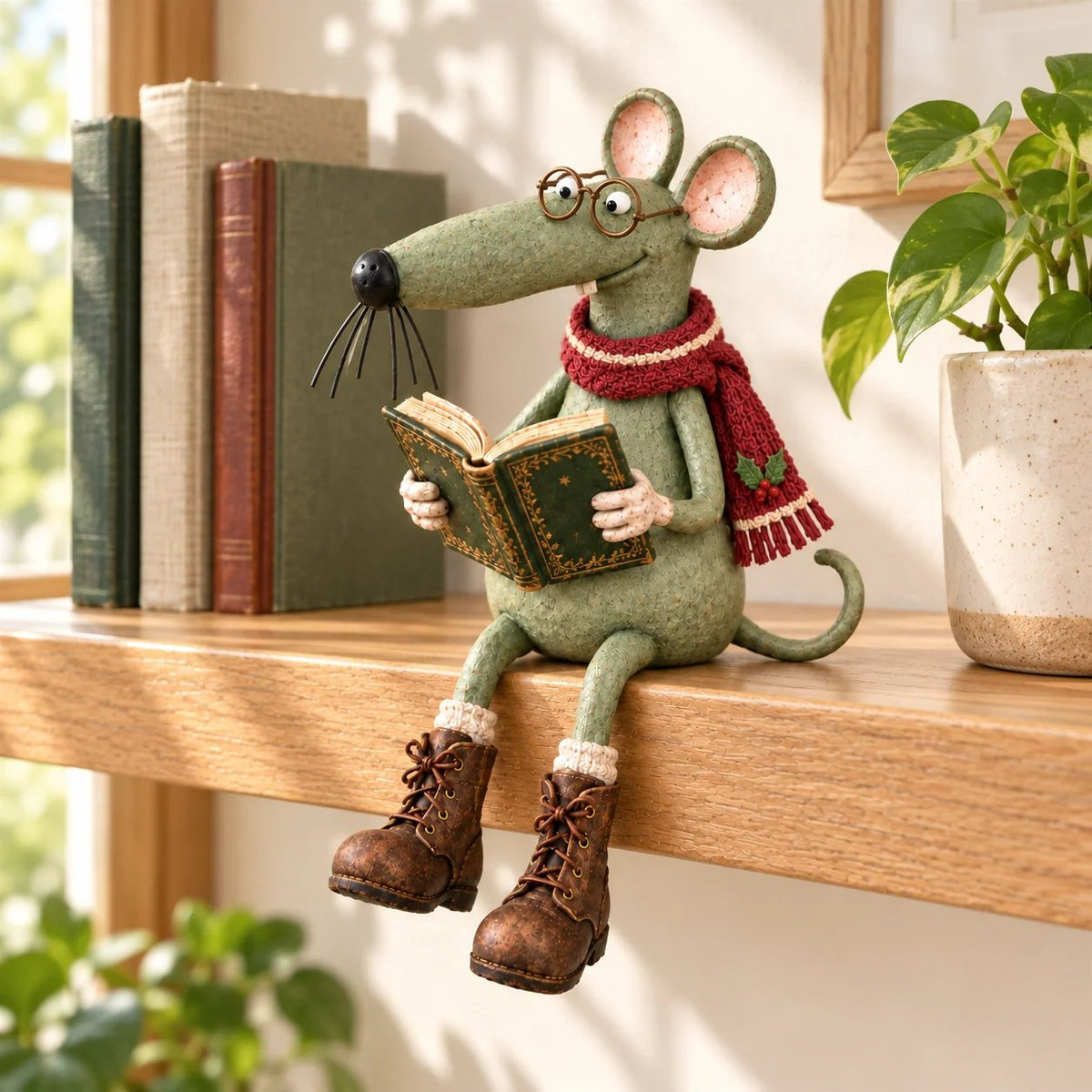 🐭📚 Whimsical Reading Mouse Shelf Sitter – a little reader for your bookshelf