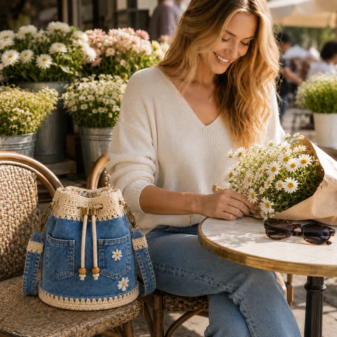 🏆 Promozione 40% DI SCONTO🧵 The Denim Crochet Daisy Bucket Bag👜