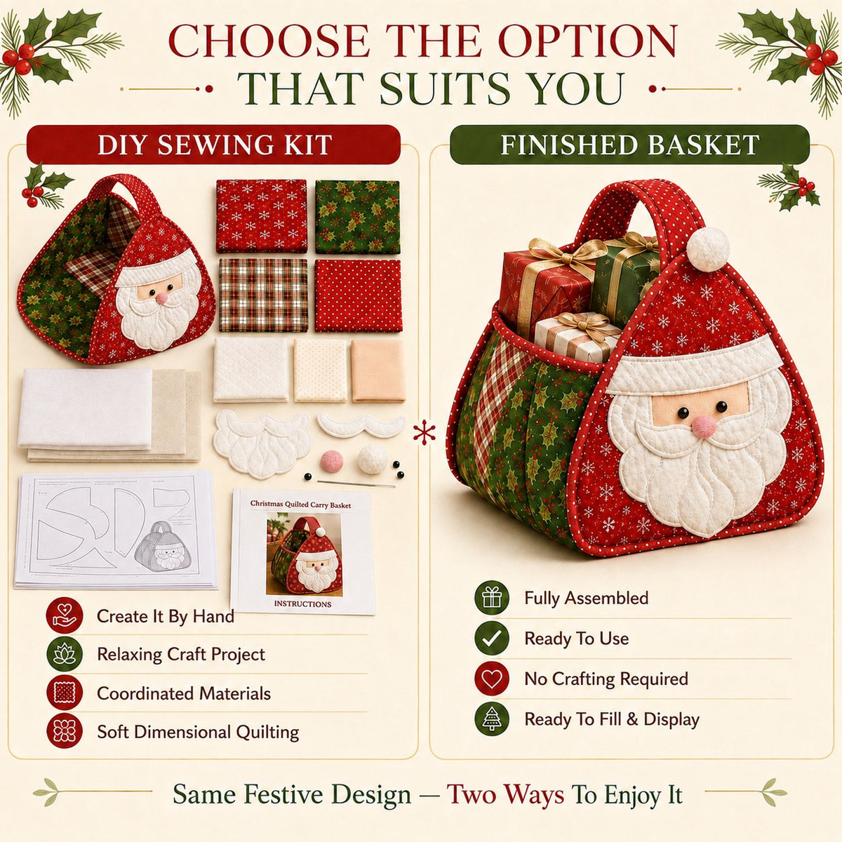 🎄 Christmas Quilted Carry Basket-Choose DIY Kit or Finished Basket for ultimate holiday cheer! ✨🧵