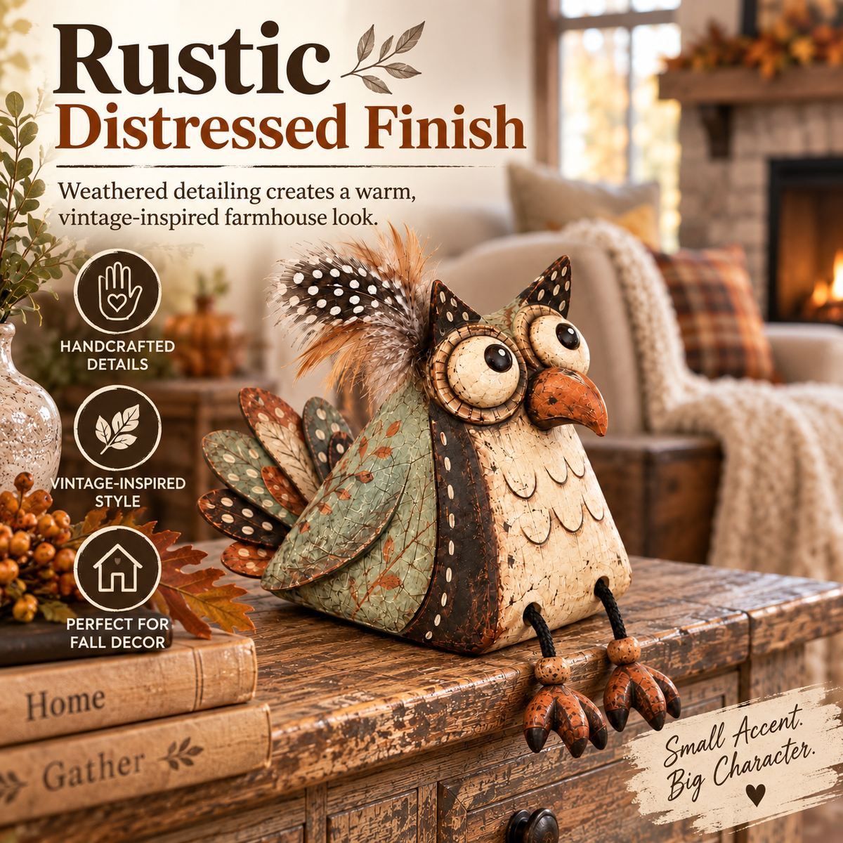 🦉🏡 Rustic Owl Shelf Sitter — Whimsical Farmhouse Figurine with Dangling Legs