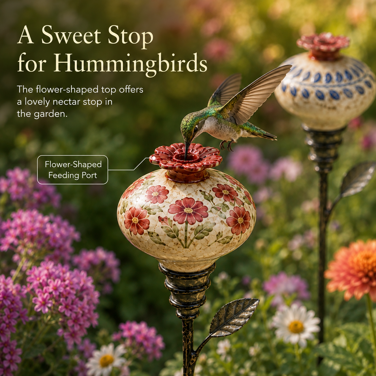 🌺 Vintage Ceramic Hummingbird Feeder Garden Stake — Handcrafted Floral Bird Feeder Decoration