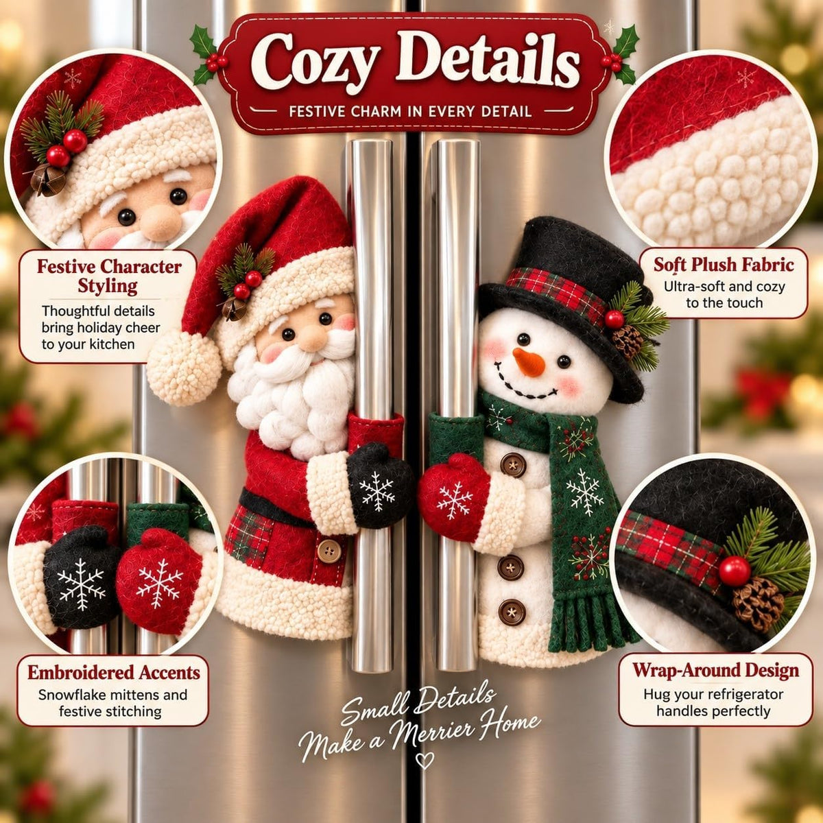🎅⛄ Christmas Santa and Snowman Fridge Handle Covers--Fluffy Holiday Charm for Your Kitchen