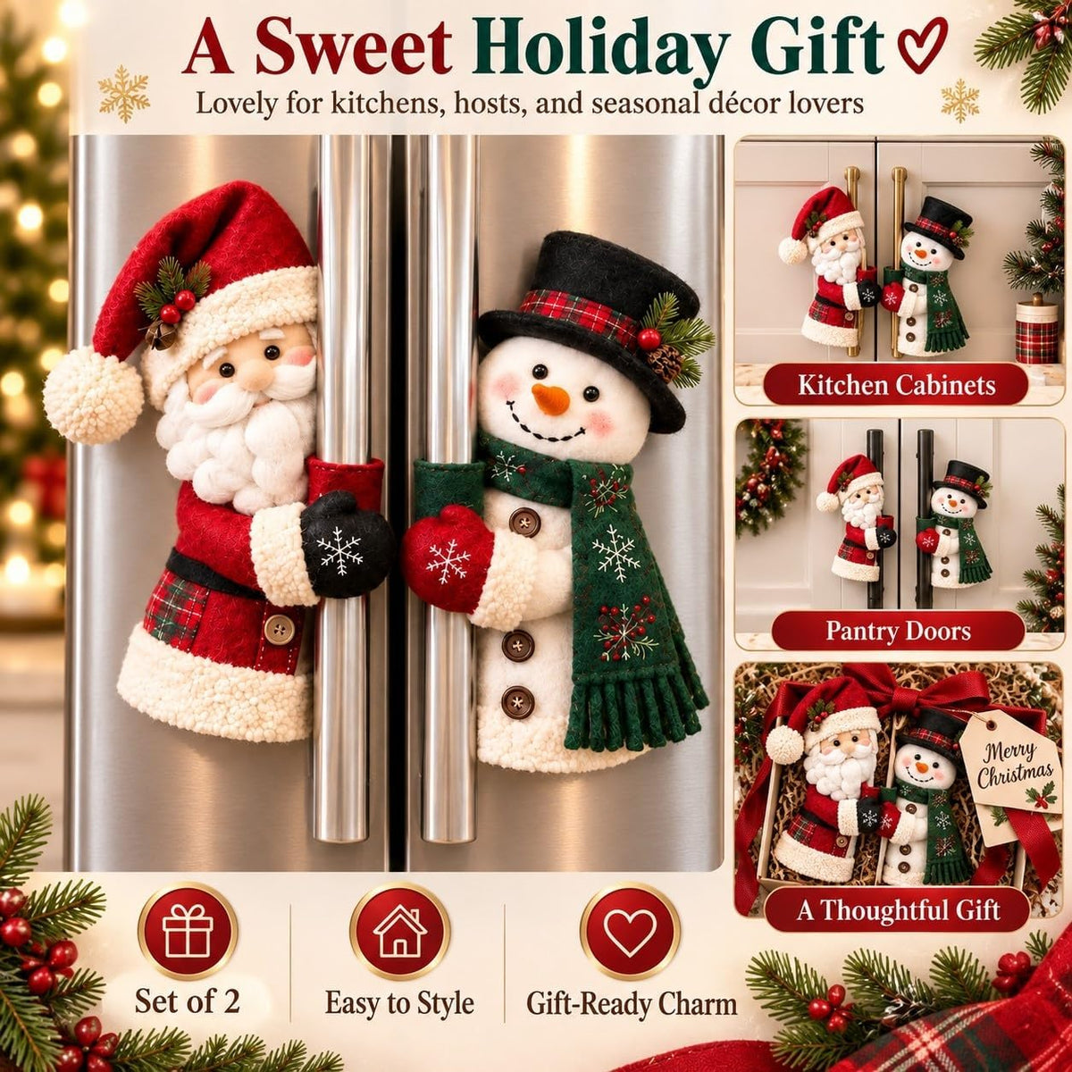 🎅⛄ Christmas Santa and Snowman Fridge Handle Covers--Fluffy Holiday Charm for Your Kitchen